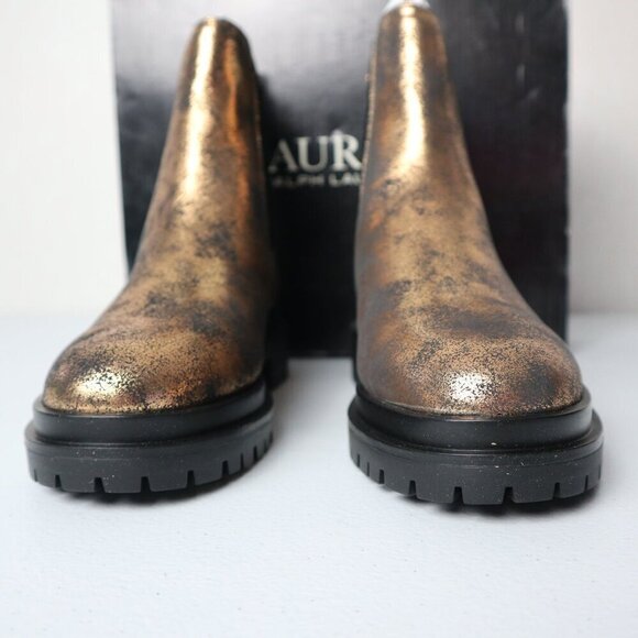 LAUREN RALPH LAUREN Gold Distressed Lug Sole Goring Corinne  Block Heel Booties - Picture 3 of 12